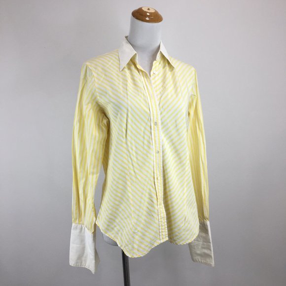 BURBERRY London Yellow White Striped French Cuff Long Sleeve Button Shirt - Picture 1 of 13